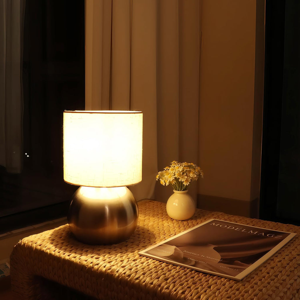 Modern Golden Small Table Lamp with Cotton Linen Shade, 10.4-inch LED Desk Light, One-Button Switch for Bedroom, Living Room, Nightstand…