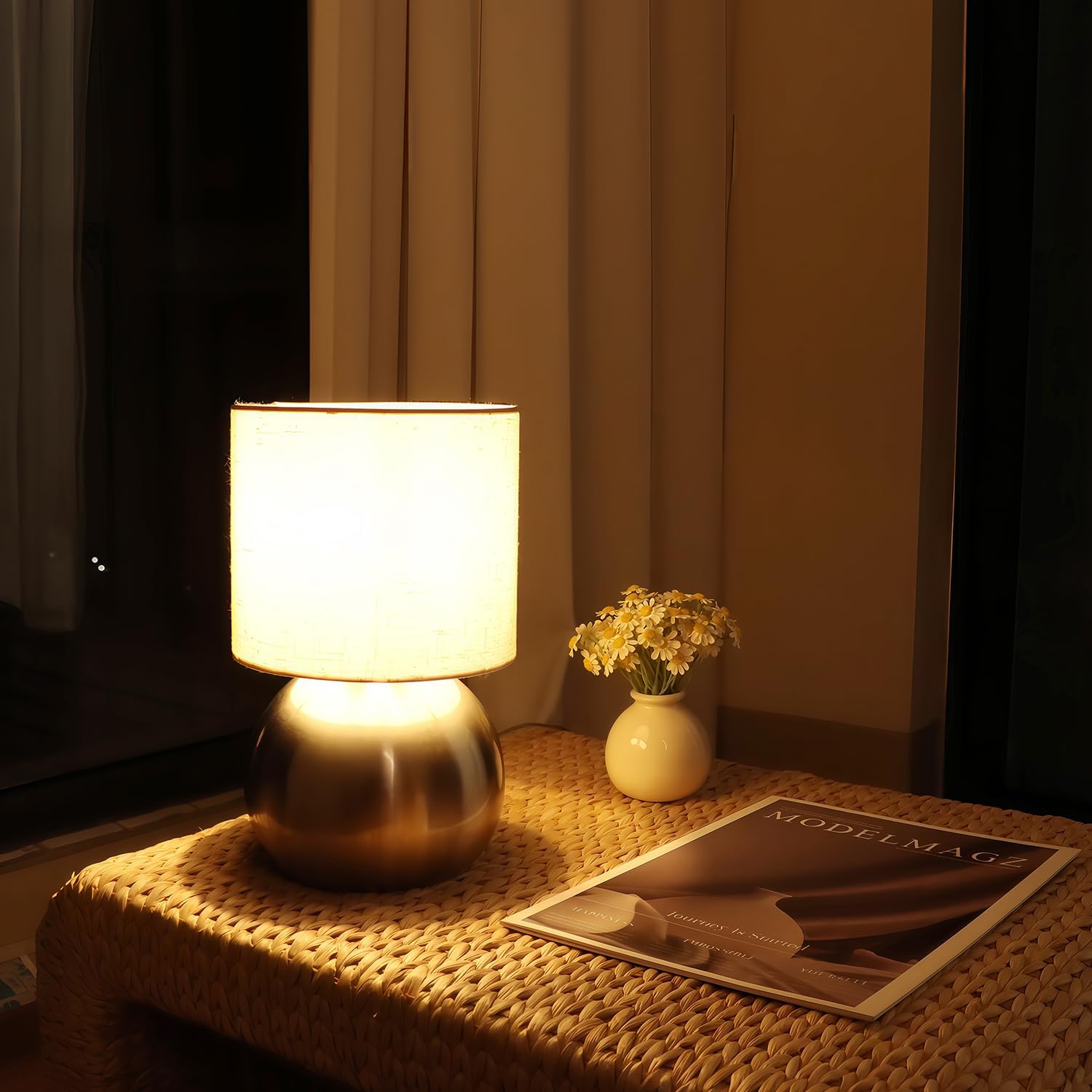 Modern Golden Small Table Lamp with Cotton Linen Shade, 10.4-inch LED Desk Light, One-Button Switch for Bedroom, Living Room, Nightstand…