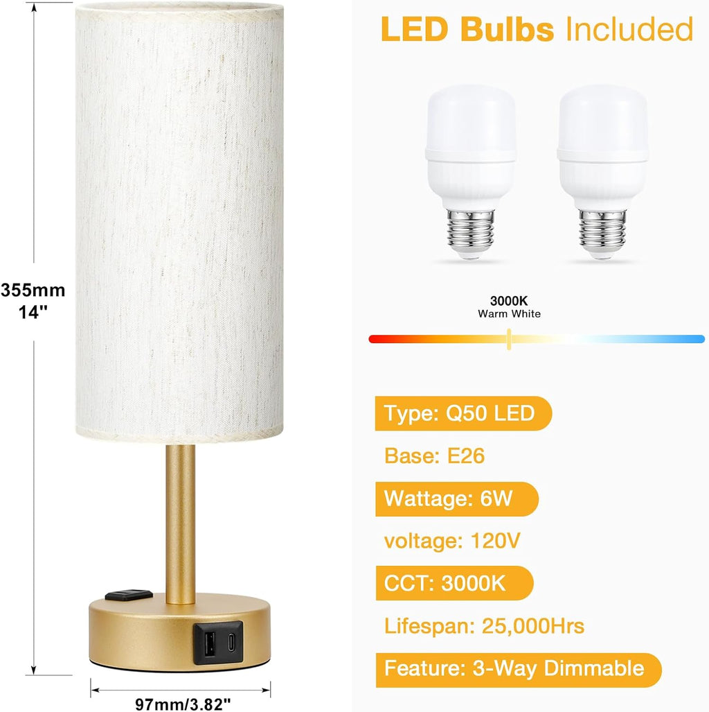 PartageiZ Gold Touch Table Lamps Set - 3 Way Dimmable Bedroom Lamps with USB C and A Ports, Small Lamps for Nightstand with AC Outlet…