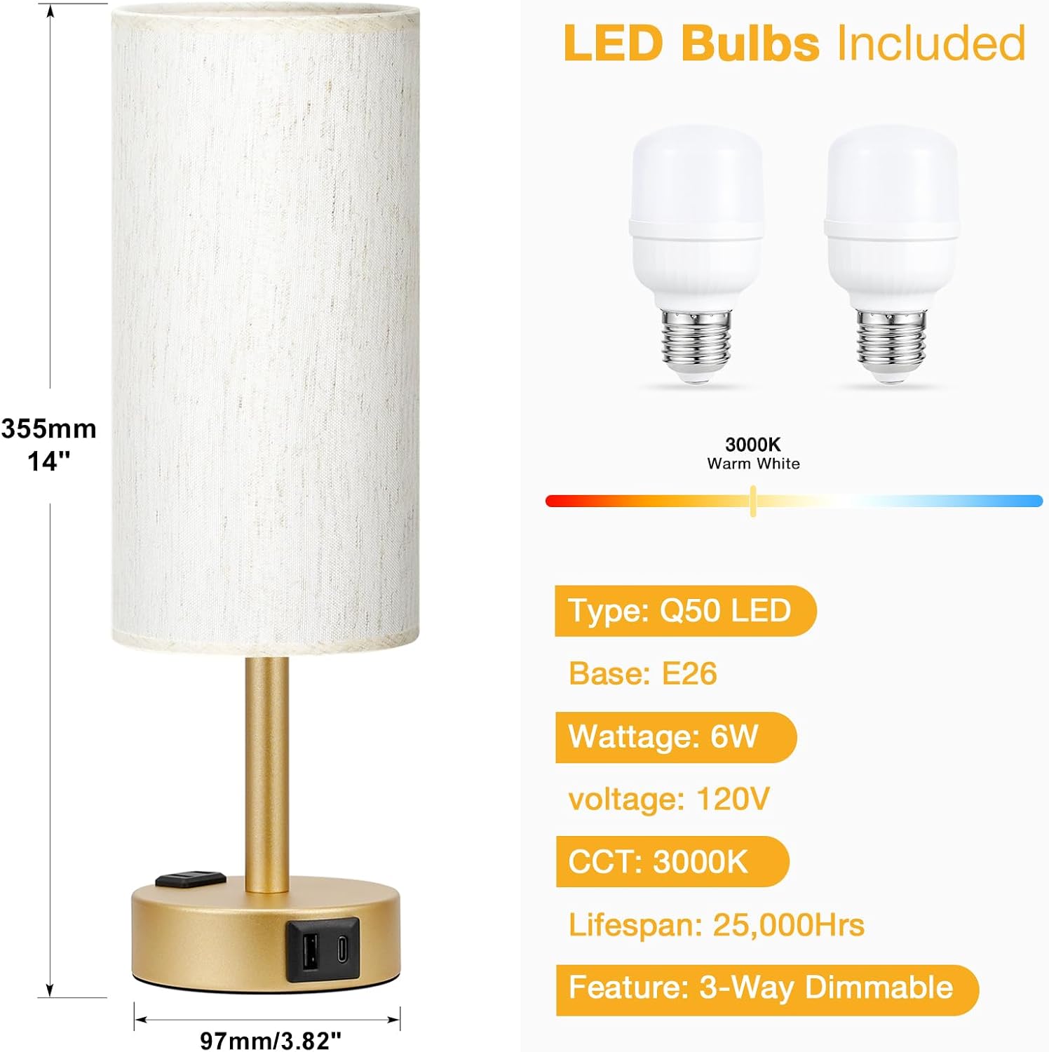 PartageiZ Gold Touch Table Lamps Set - 3 Way Dimmable Bedroom Lamps with USB C and A Ports, Small Lamps for Nightstand with AC Outlet…