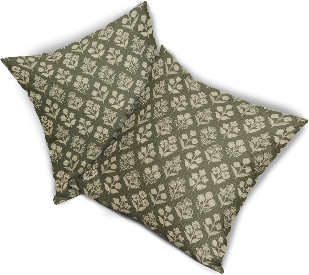 Olive Green Floral Block Print Pillow Covers 18x18 Inch Set of 2, Vintage Flower Pattern Decorative Throw Pillowcases Outdoor Farmhouse…