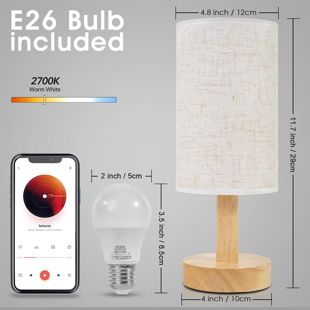 Small Bedside Table Lamp for Bedroom, Natural Round Wood Base&Fabric Linen Shade, Cozy Night Table Light for Study Reading, Minimalist Boho…