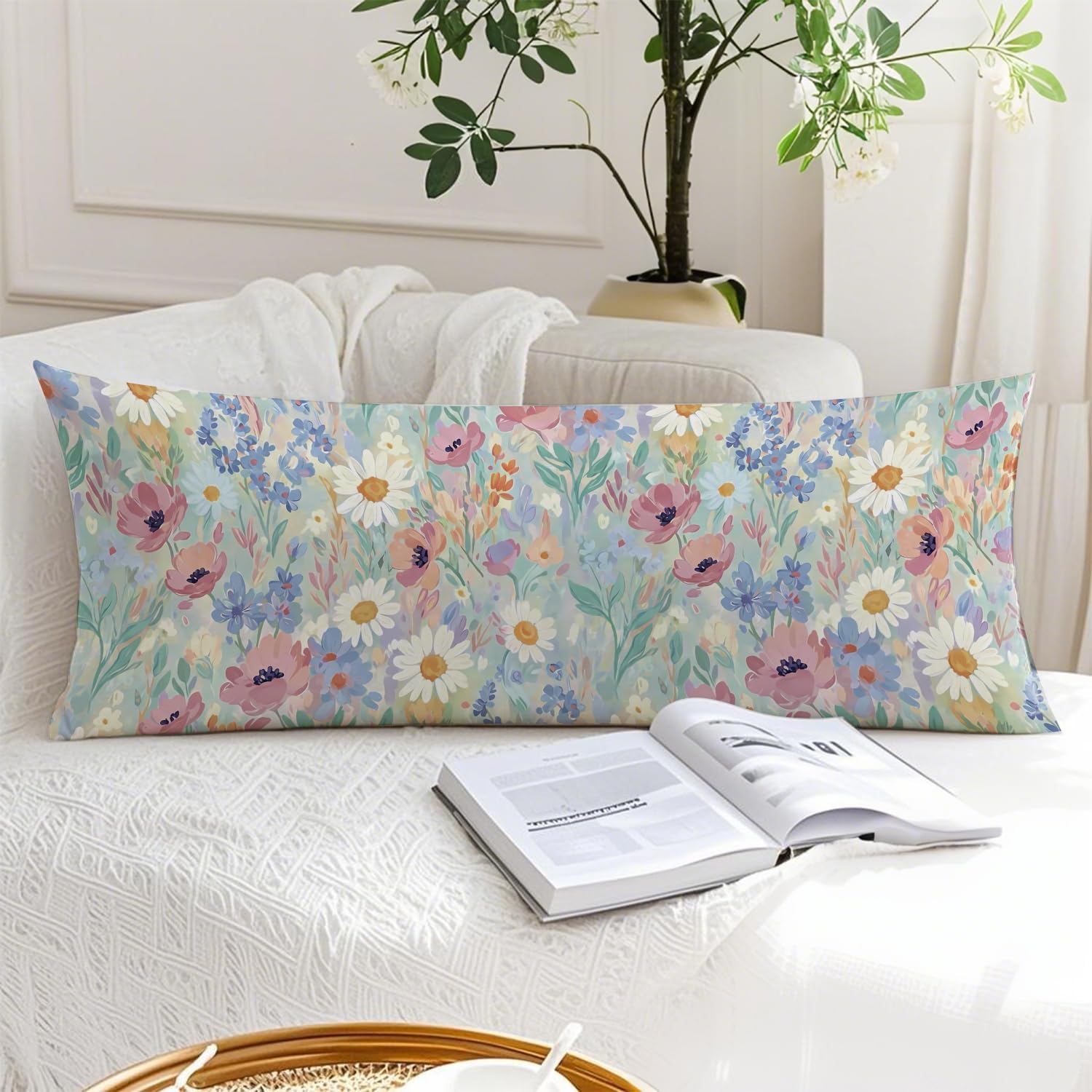 Spring Floral 20x54 Body Pillow Cover, Spring Home Room Decor, Pastel Cottagecore Botanical Wildflower Decorative Long Body Pillow Cases…