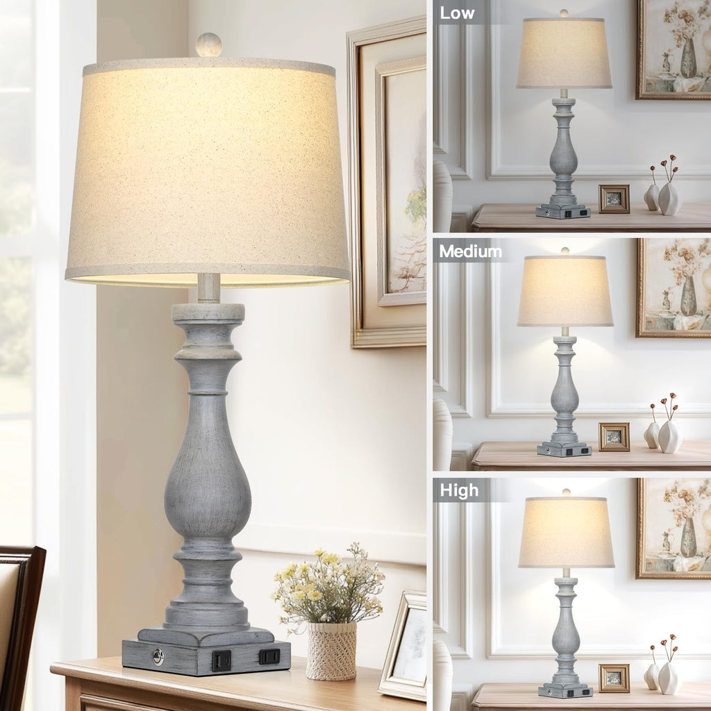 Cinkeda 29" Tall Farmhouse Table Lamp for Living Room Set of 2, Vintage Retro Nightstand Lamps with USB C+A Ports & AC Outlet,3-Way…