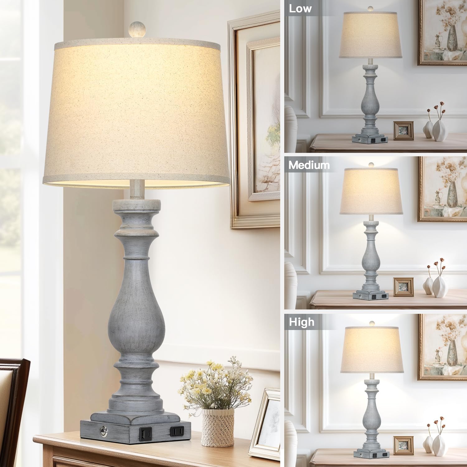 Cinkeda 29" Tall Farmhouse Table Lamp for Living Room Set of 2, Vintage Retro Nightstand Lamps with USB C+A Ports & AC Outlet,3-Way…