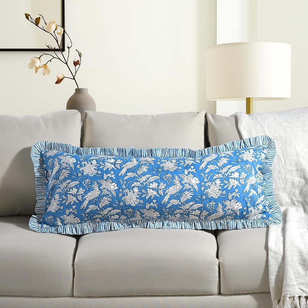 Cottonprintclub CPC Hand Block Print Blue Sapphire Ruffle Sham Pillow Cover 36" x 14" inch Hidden Zipper Decorative Pillowcase for Couch, B…