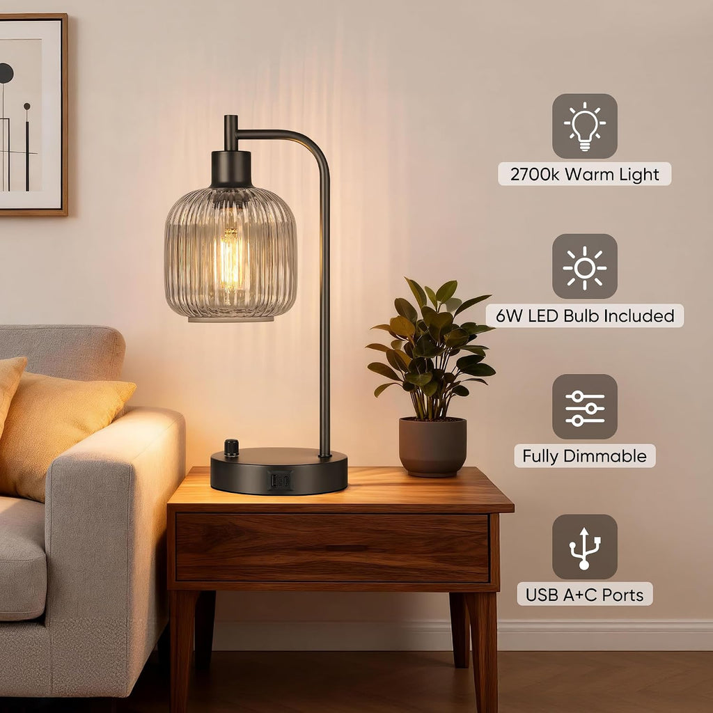 QiMH Industrial Table Lamp for Bedroom Set of 2, Grey Glass Beside Lamp with USB A&C Ports, Stepless Dimmable Black Lamps, Nightstand…