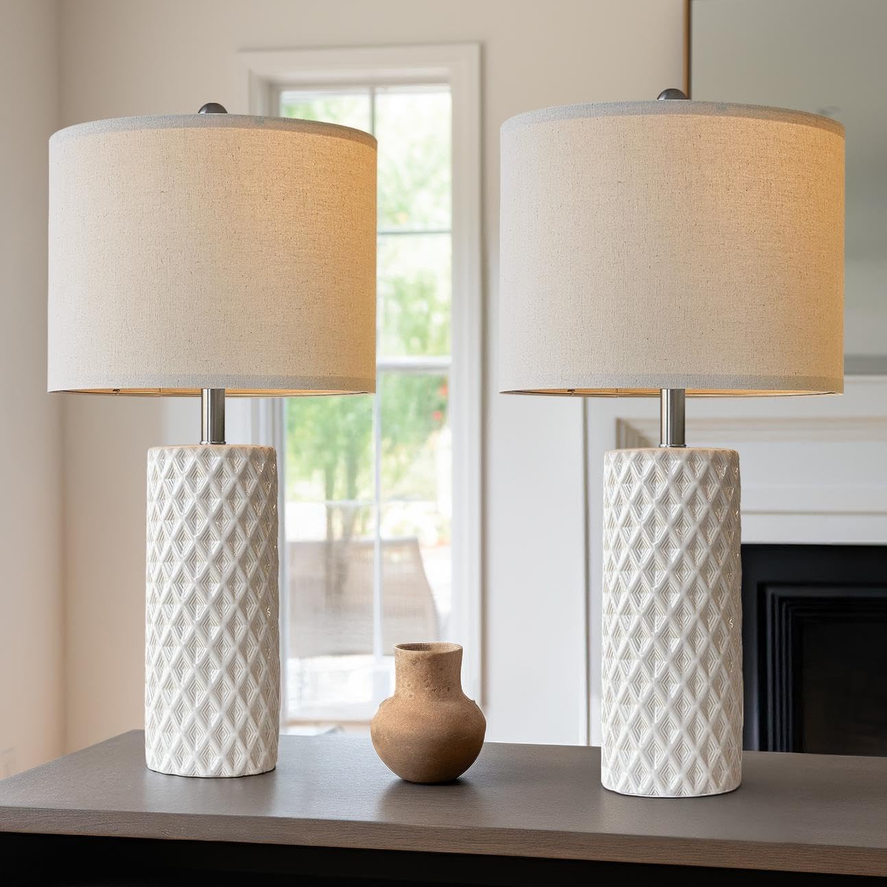 USumkky 26" Tall Table Lamp for Living Room -Vintage White Lamps Set of 2 Modern Ceramic Lamps for Night Stands, Bedside Lamp for End…