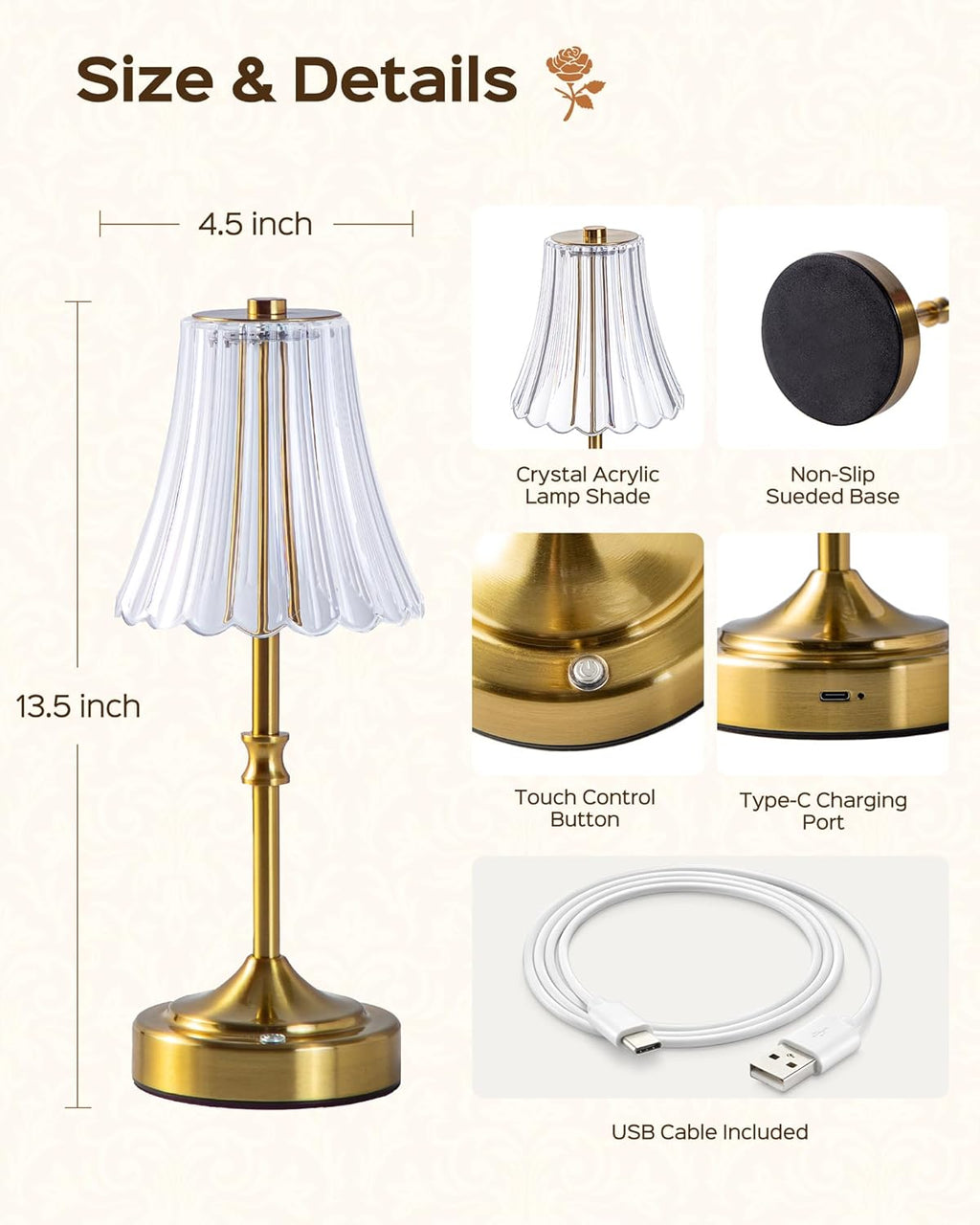 JACKYLED Vintage Cordless Table Lamp, Acrylic Crystal Flower Lamp Shade, 3 Colors Dimmable LED Golden Lamp, 5400mAh Battery Operated…