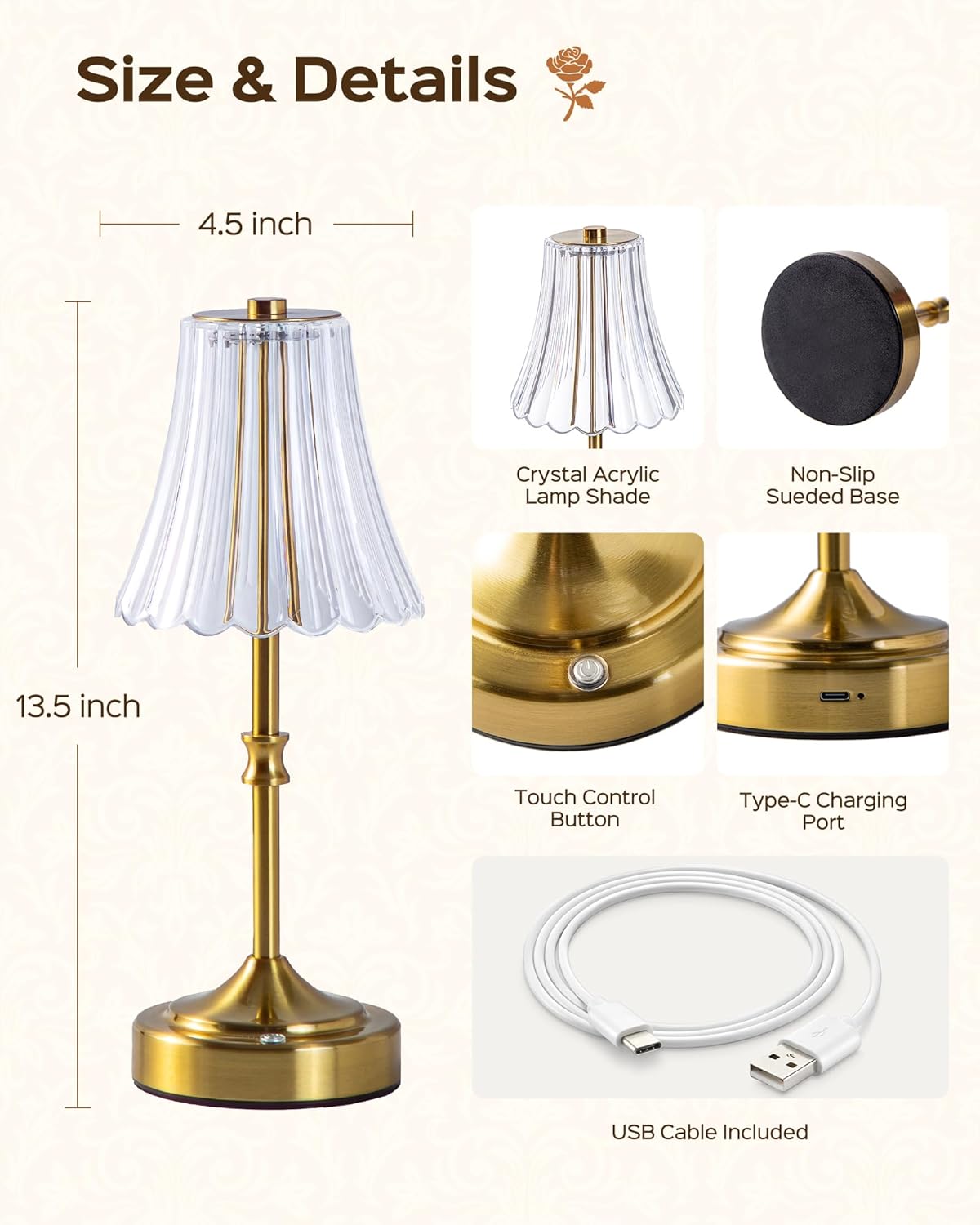 JACKYLED Vintage Cordless Table Lamp, Acrylic Crystal Flower Lamp Shade, 3 Colors Dimmable LED Golden Lamp, 5400mAh Battery Operated…