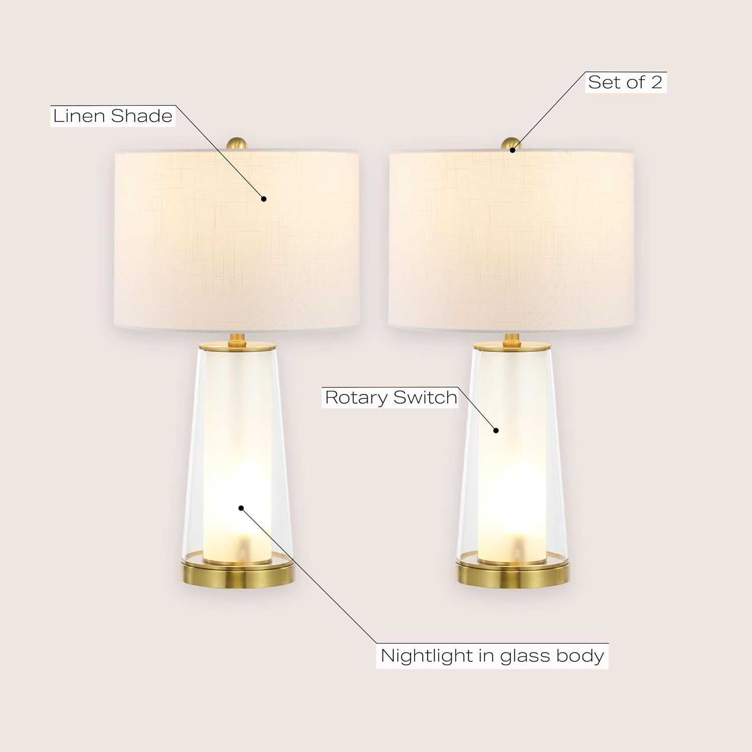 Jonathany JONATHAN Y 26" Clear/Brass Gold Nightlight Table Lamp Set of 2 for Bedroom, Modern Glass Desk Lamps with White Fabric Shade, Farm…