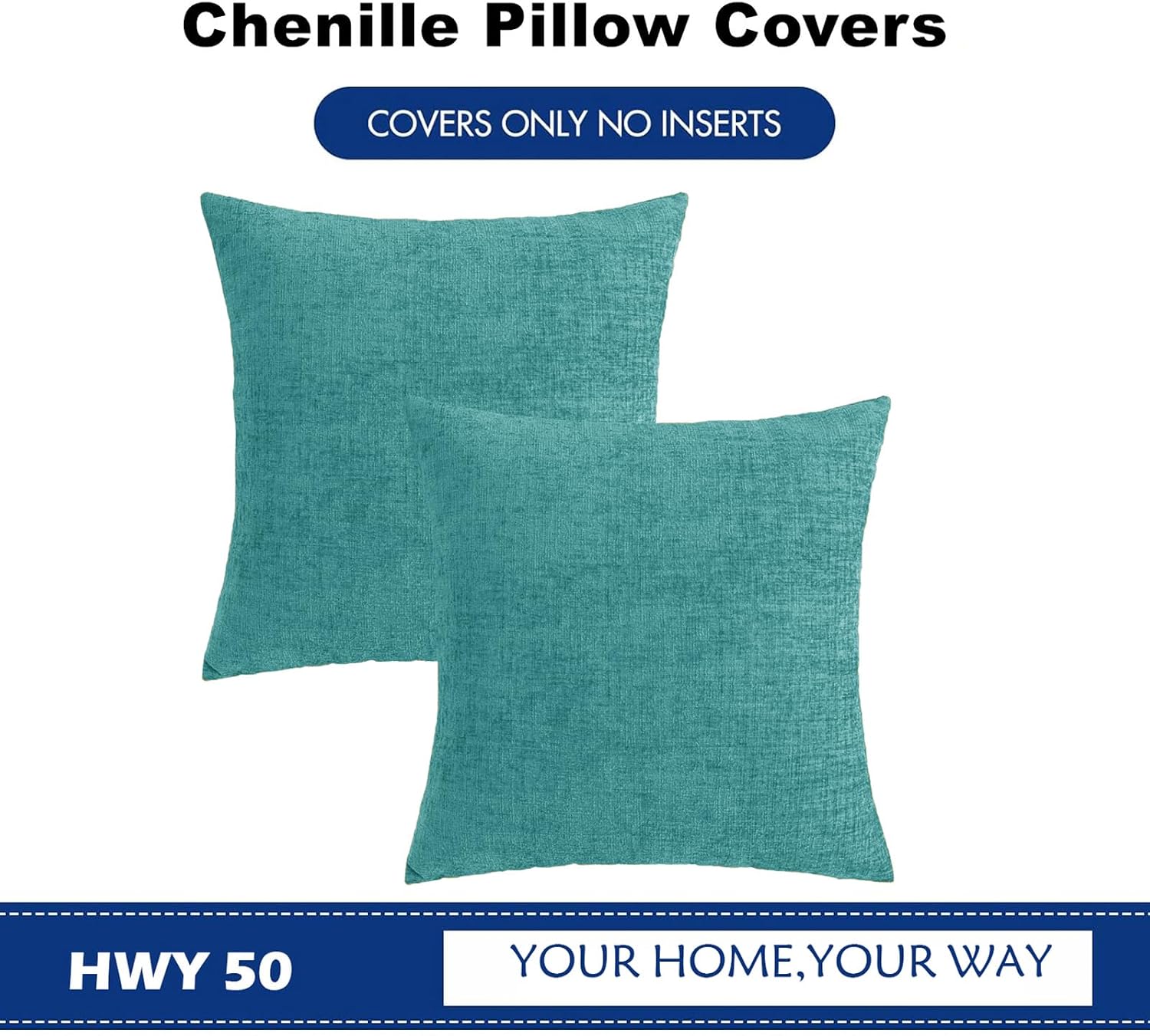 Hwy50 HWY 50 Teal Couch Pillow Covers 22x22 Inch Pack of 2, Soft Chenille Decorative Throw Pillow Cases Farmhouse for Sofa Living Room Bed…