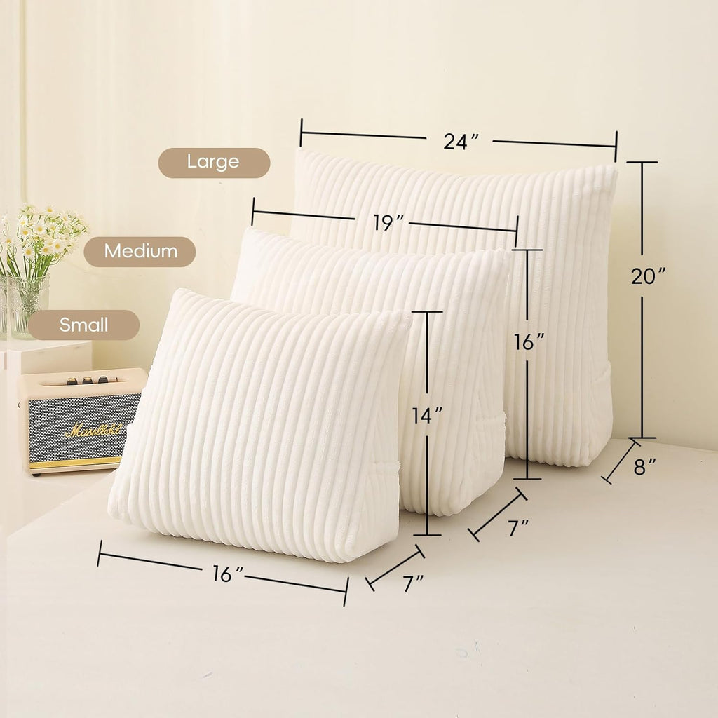 Corduroy Wedge Reading Pillow for Bed, 3 Sizes, 4 Colors for Bed, Sofa, Office Chair (White, Large 24 * 20 * 8in)