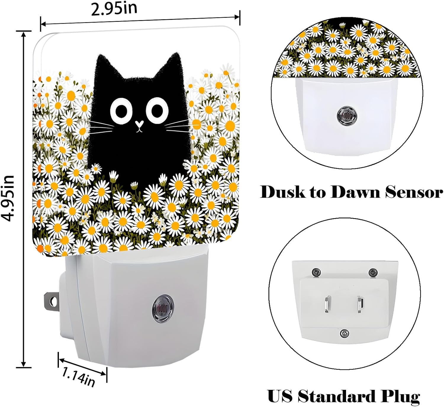 Cute Cat and Daisy Night Light, Plug Into Wall for Boys Girls Bedroom Decorative Square Night Light Lamp 0.5w Sleep Friendly