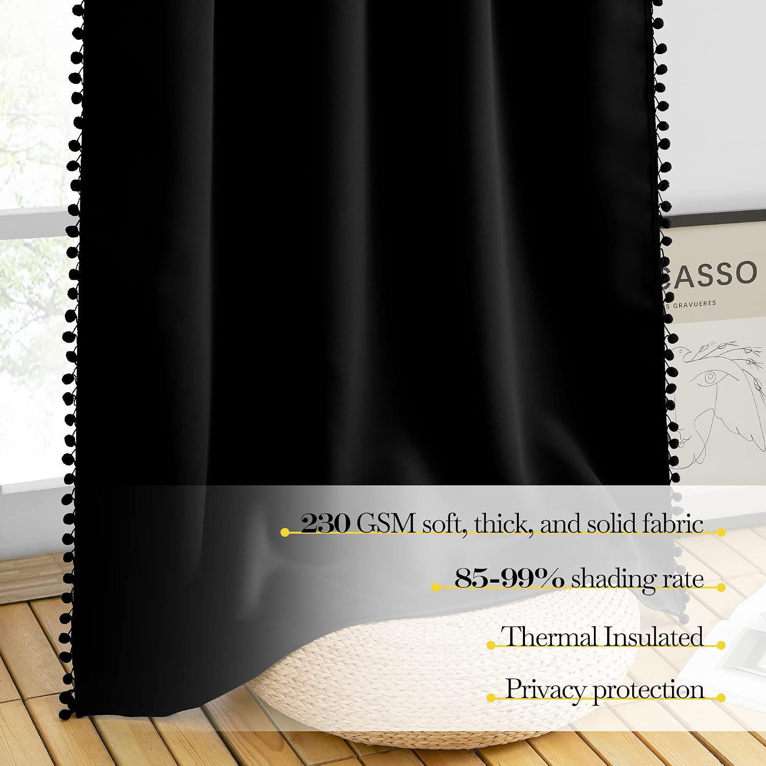 NICETOWN 2 Panels Blackout Curtains, Rod Pocket Pom Pom Curtains, Pretty Thermal Insulated Solid Farmhouse Drapes for Living Room, Patio…