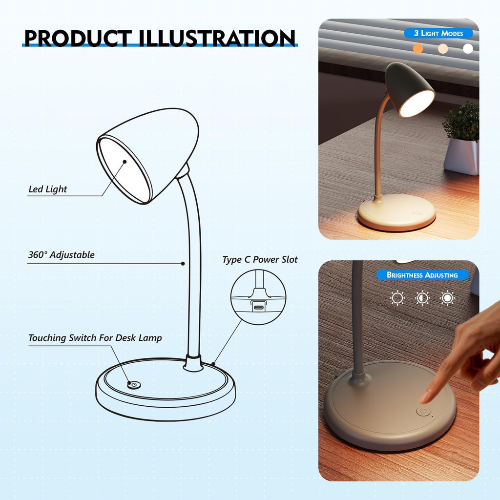 LED Desk Lamp for Home Office,3 Light Colors, Table Lamp, Dimmable Reading Light for Bedside Small Desk Lamp for College Dorm Room, Bedroom…