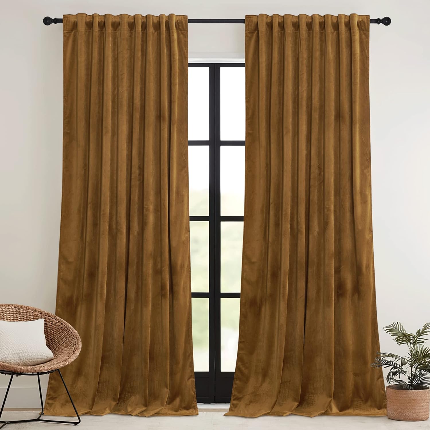 Rybhome RYB HOME Brownish Gold Velvet Curtains 108 inch, Retro Vintage Room Darkening Window Curtains for Living Room Drafts Block Privacy…