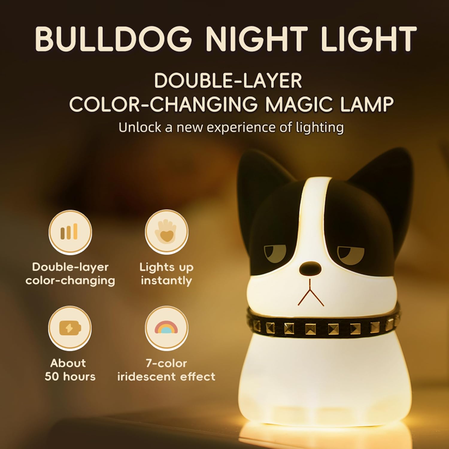 Led Cute Frenchie Night Light, Dimmable Nursery Kawaii Lamps, Super Squishy Silicone USB Rechargeable Touch Control Bedside Lamp, Used…