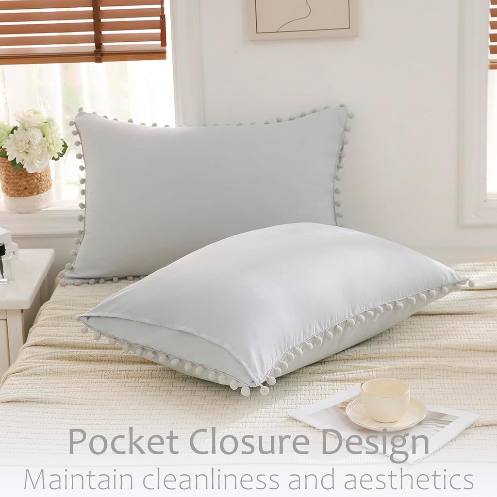 Moveover Pale Gray Body Pillow Cover 20x54 Body Pillow Cover Cute Pom Poms Fringe Design Boho Chic Decor Long Pillow Case Cover with Pocket…