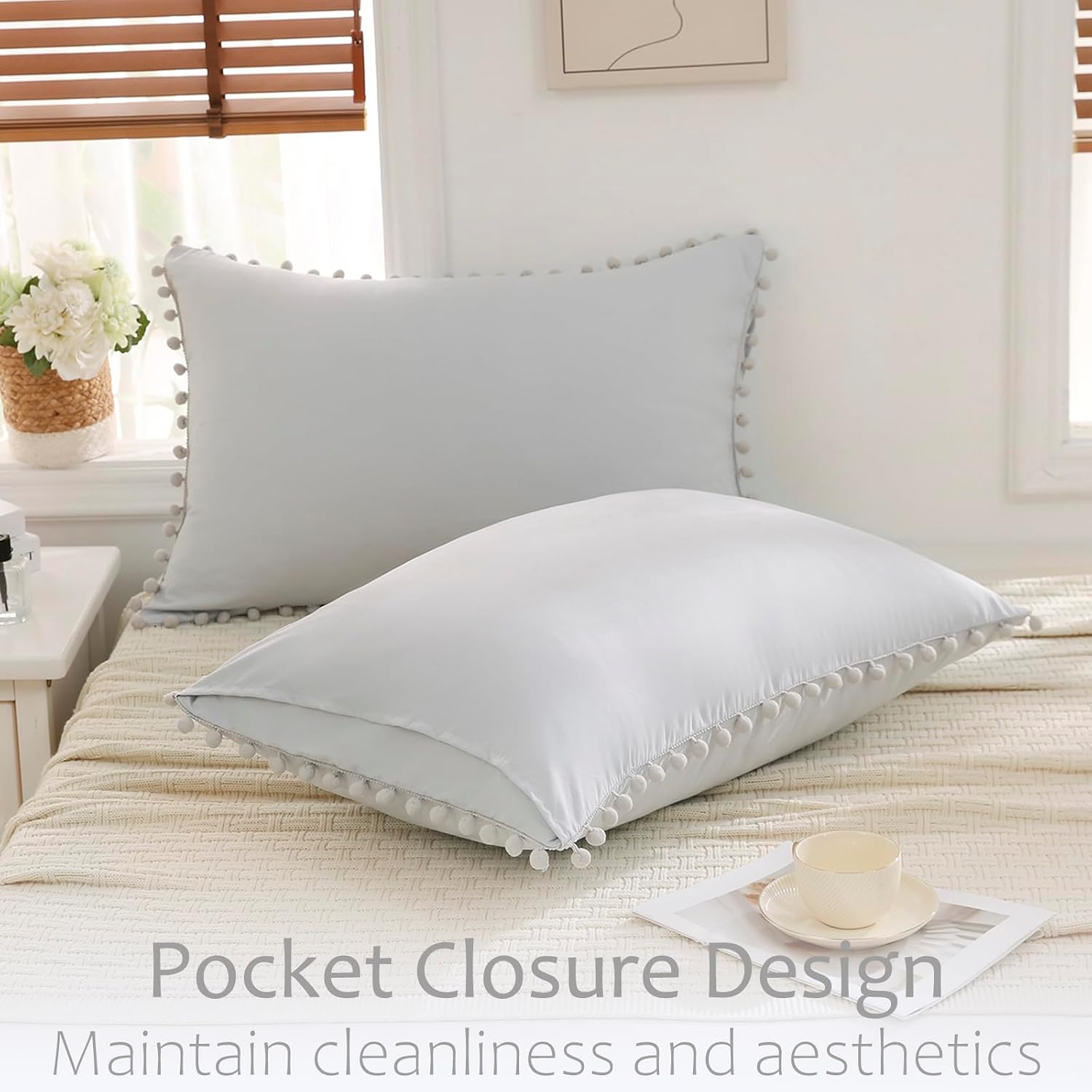 Moveover Pale Gray Body Pillow Cover 20x54 Body Pillow Cover Cute Pom Poms Fringe Design Boho Chic Decor Long Pillow Case Cover with Pocket…