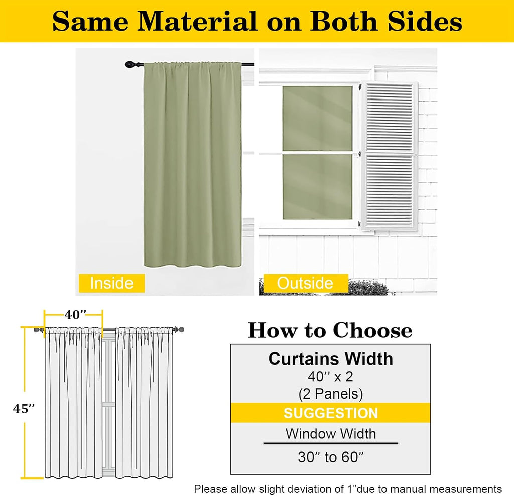 WelvetBLK Sage Green Room Darkening Curtains for Bedroom Living Room 45 Inch Length 2 Panels Set, Soft Solid Thermal Insulated Rod Pocket S…