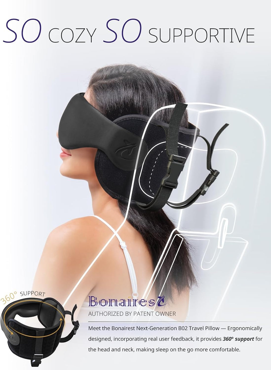 Bonairest Travel Pillow, Airplane Neck Pillow with 3D Eye Mask for Sleeping, Round Edge Plane Head Strap 360°Headrest Support for Long Flig…