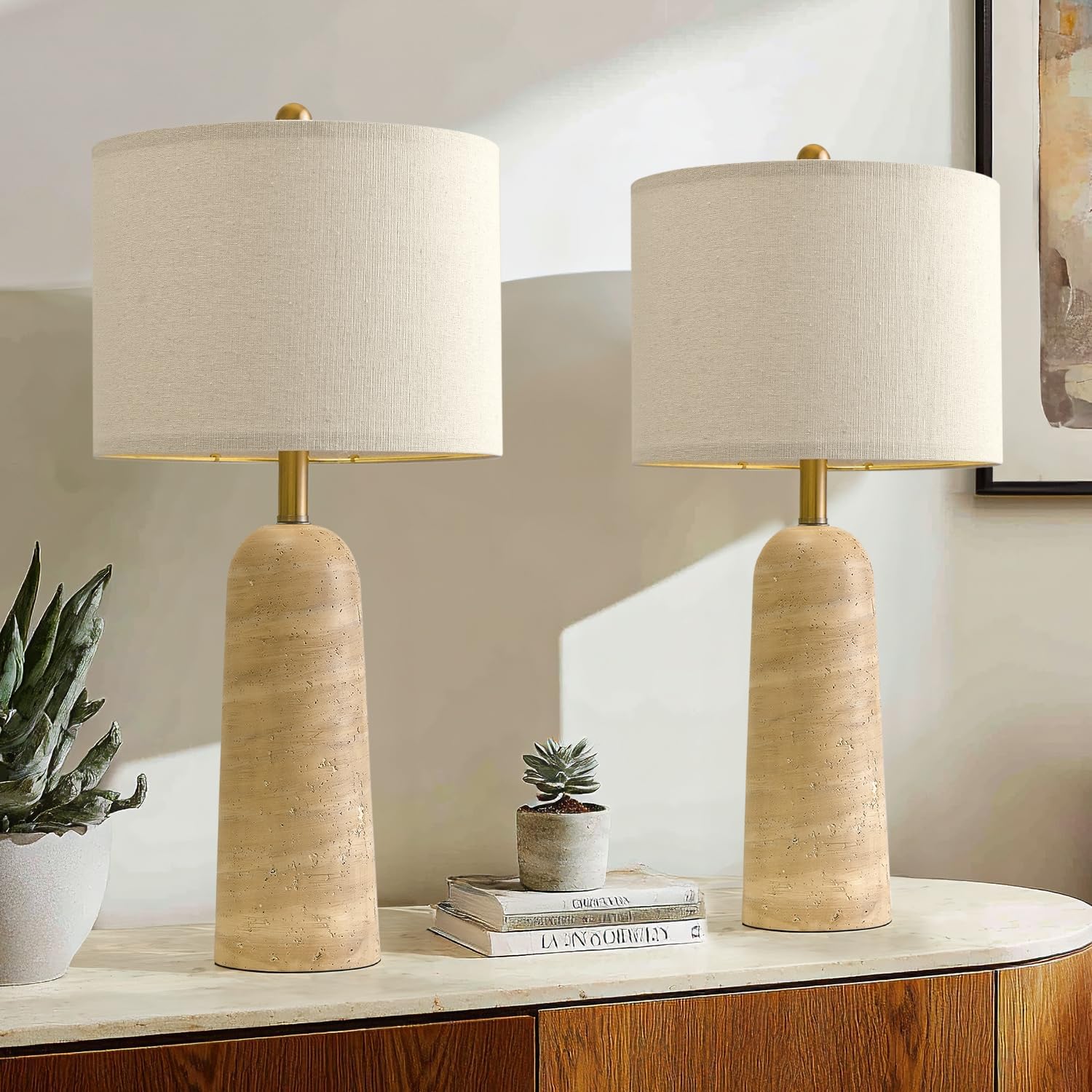 BOBOMOMO Modern Table Lamp Set of 2, Warm Beige Resin Lamp with Natural Stone Look, 27.25" Lamps for Living Room with Linen Shades…