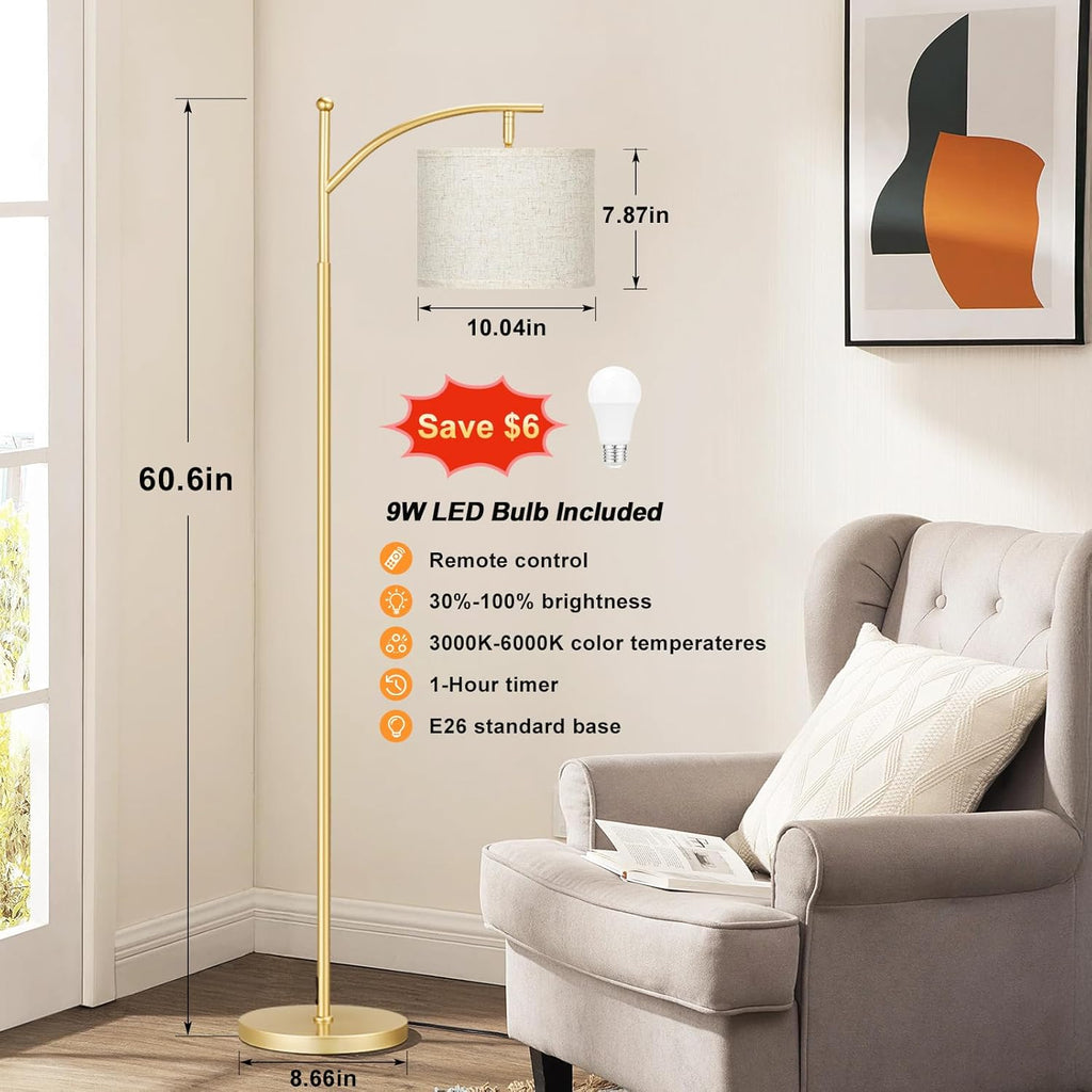 Ambimall 60" Gold Floor Lamp with Remote Control and Stepless Dimmable Bulb, Colors Temperature & Brightness Adjustable, Modern Floor…