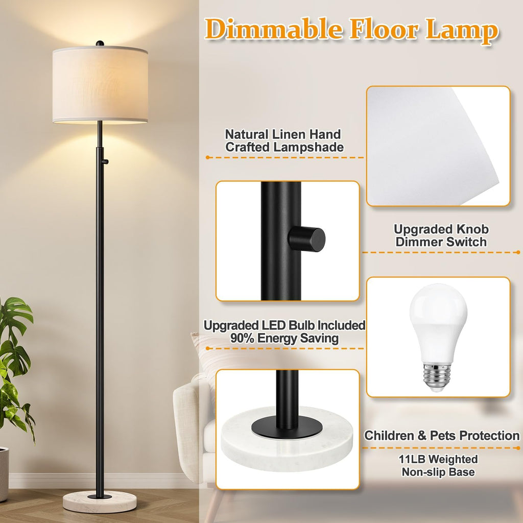 Nintiue Dimmable Floor Lamp for Living Room, 11W LED Bulb Included, Modern Standing Lamp with Marble Base, Tall Pole Light with White…