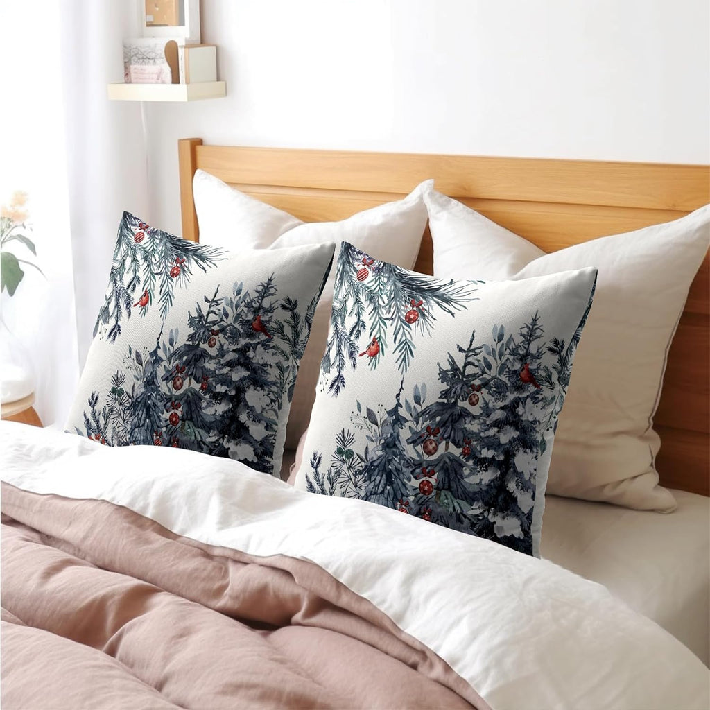 Granbey Christmas Tree Throw Pillow Covers 24x24 Inch Set of 2 Winter Watercolor Blue Grey Pine Trees Berry Bells Birds Decorative Pillowca…