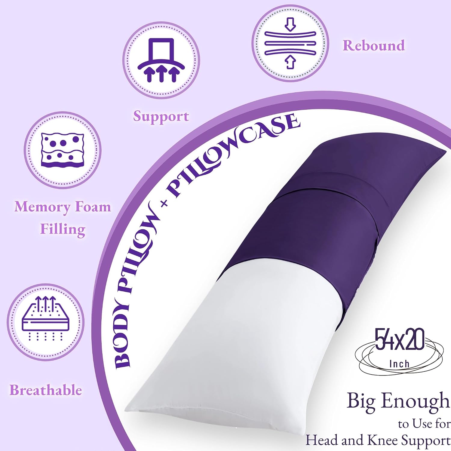 Ubauba Memory Foam Body Pillow with Cover, Full Large Body Pillows Insert for Adults with Envelope Closure Pillowcase, Firm & Fluffy Long…