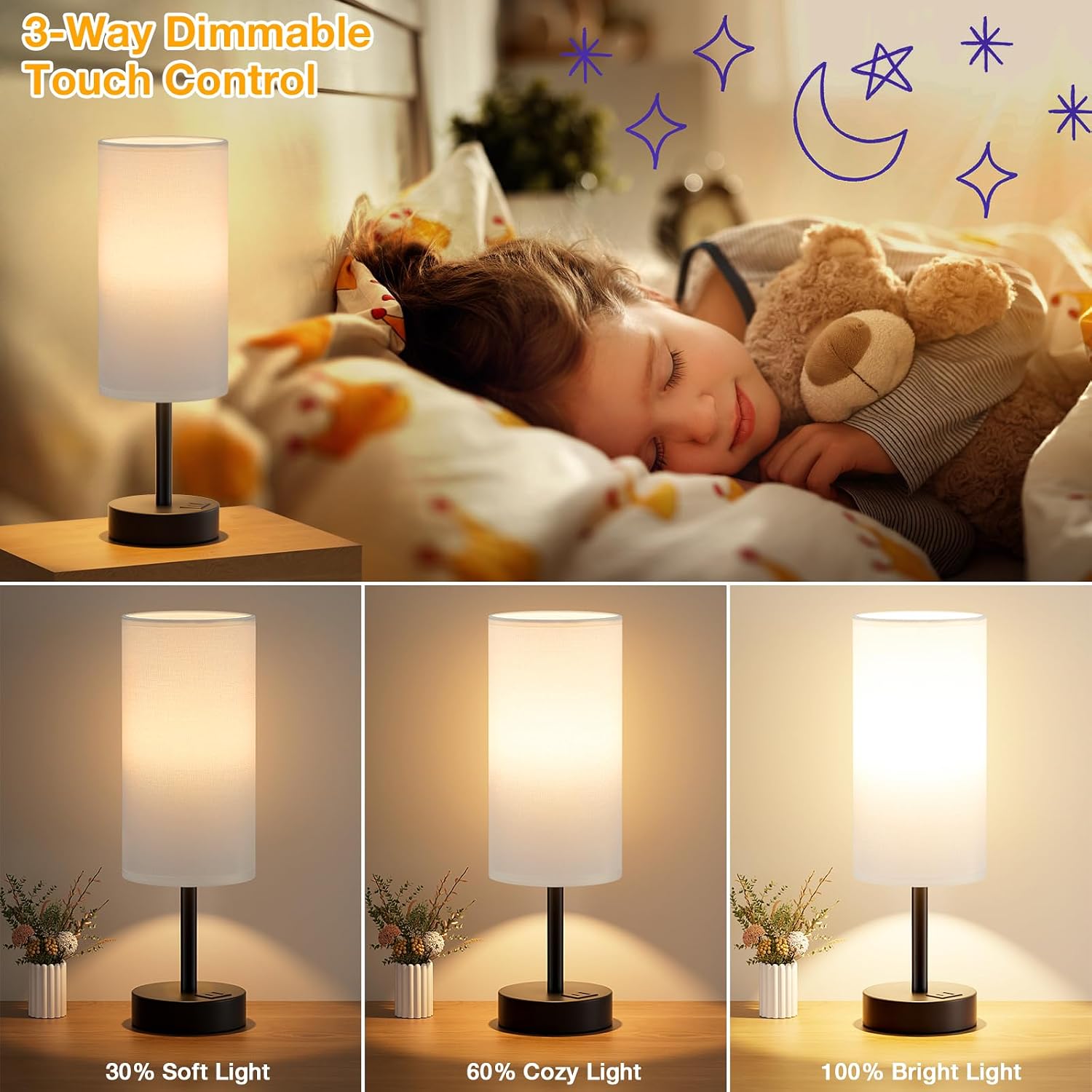Dicoool White Touch Table Lamp with USB - 3 Way Dimmable Bedside Lamp for Nightstand, Bedroom Lamp with Black Charging Station for Desk…