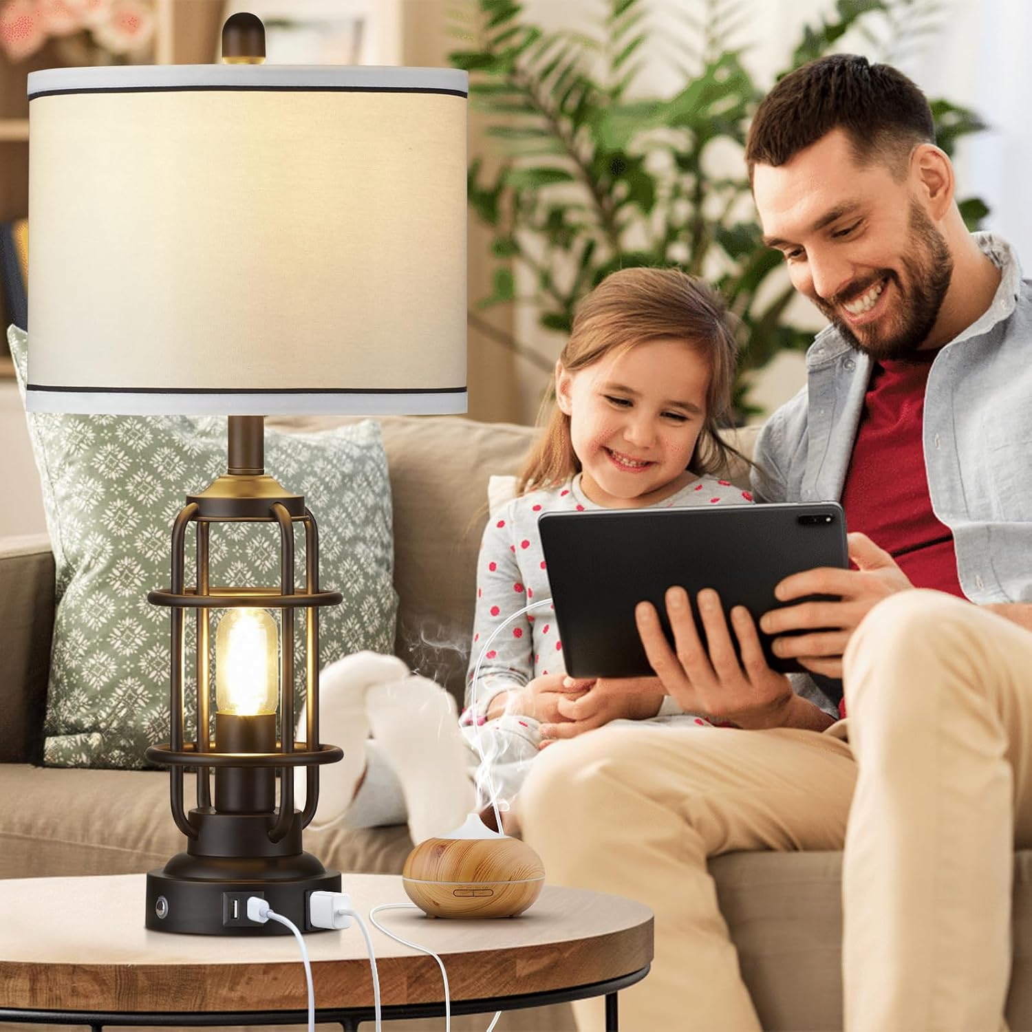 26" Modern Lamp for Living Room, Industrial 3-Way Dimmable Beside Table Lamp with USB A+C Charging Ports & AC Outlet, Touch Control…