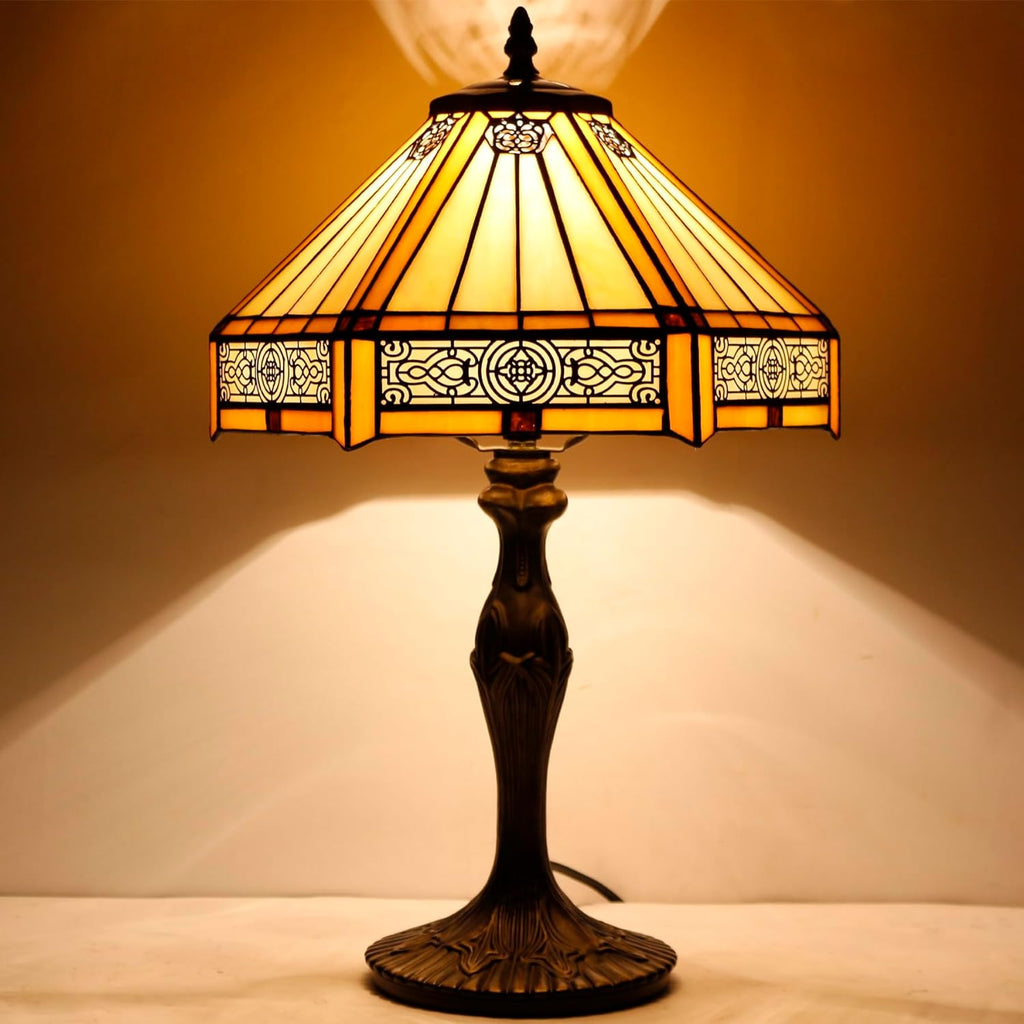 WERFACTORY Tiffany Lamp Yellow Hexagon Stained Glass Mission Style Table Lamp Desk Bedside Reading Light 12X10X18 Inches Decor Bedroom…