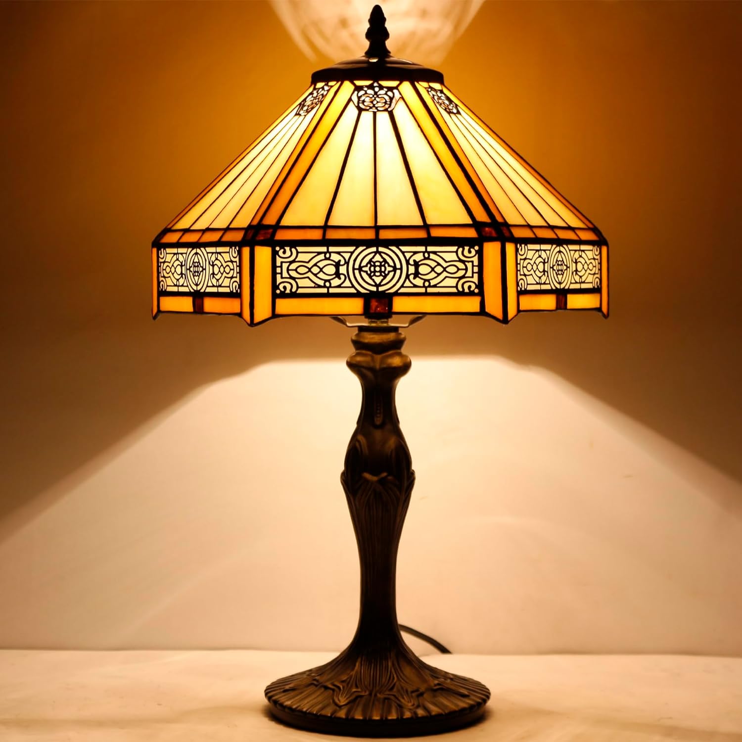 WERFACTORY Tiffany Lamp Yellow Hexagon Stained Glass Mission Style Table Lamp Desk Bedside Reading Light 12X10X18 Inches Decor Bedroom…