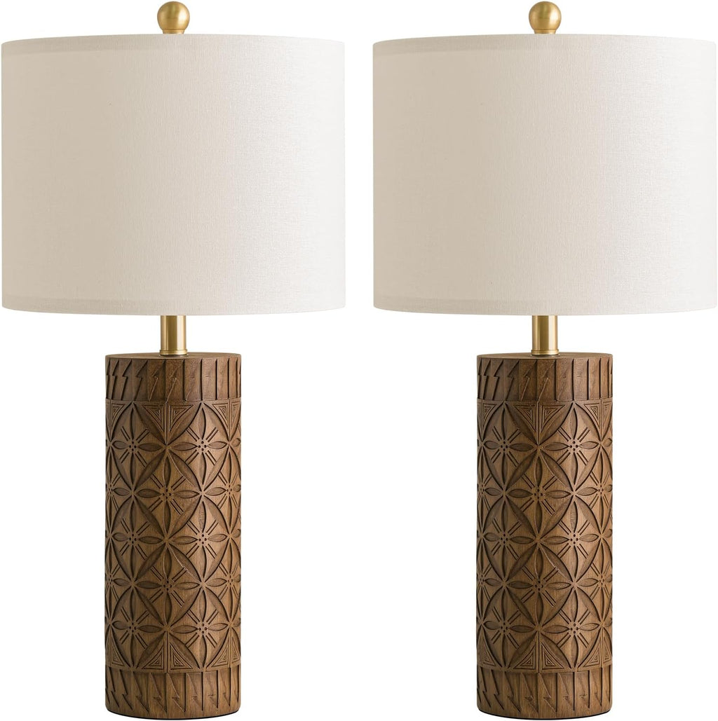 BOBOMOMO 27" Tall Table Lamps Set of 2, Modern Farmhouse Geometric Bedside Lamps, Rustic Wood Grain Resin Nightstand Lamps for Living…
