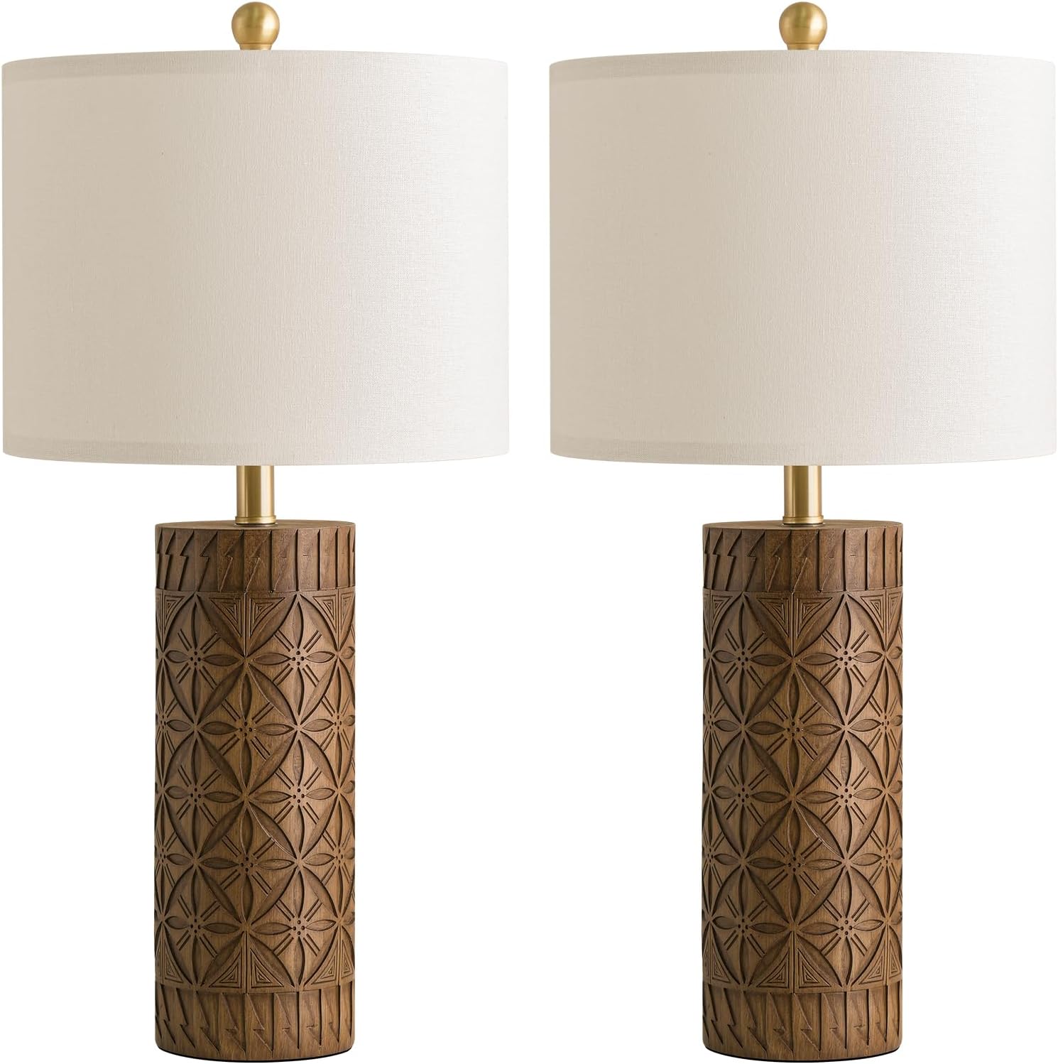 BOBOMOMO 27" Tall Table Lamps Set of 2, Modern Farmhouse Geometric Bedside Lamps, Rustic Wood Grain Resin Nightstand Lamps for Living…