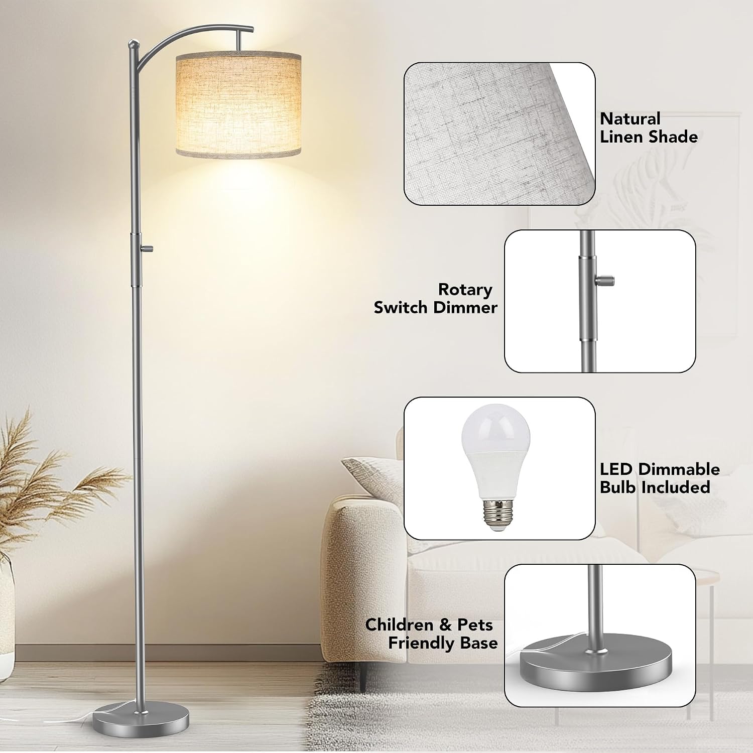 ROTTOGOON Dimmable Floor Lamp, Arc Floor Lamps for Living Room, Stepless Dimming Modern Standing Lamp with Linen Shade, Tall Lamp for…