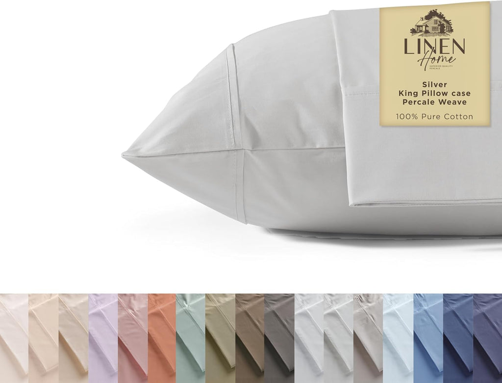 Linen Home 100% Cotton Percale Pillowcases King Size, Silver, 2 Pieces of Pillow Case, Crisp and Cool Strong Bed Linen, 20 inches X 36…