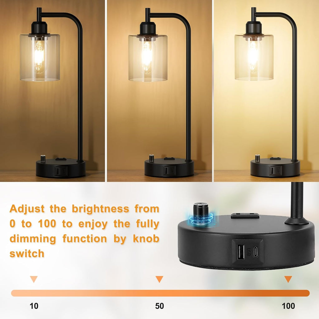 Industrial Nightstand Lamps for Bedrooms Set of 2 - Fully Dimmable Bedside Lamps with USB A C Ports and Outlet, Black Table Lamps with…