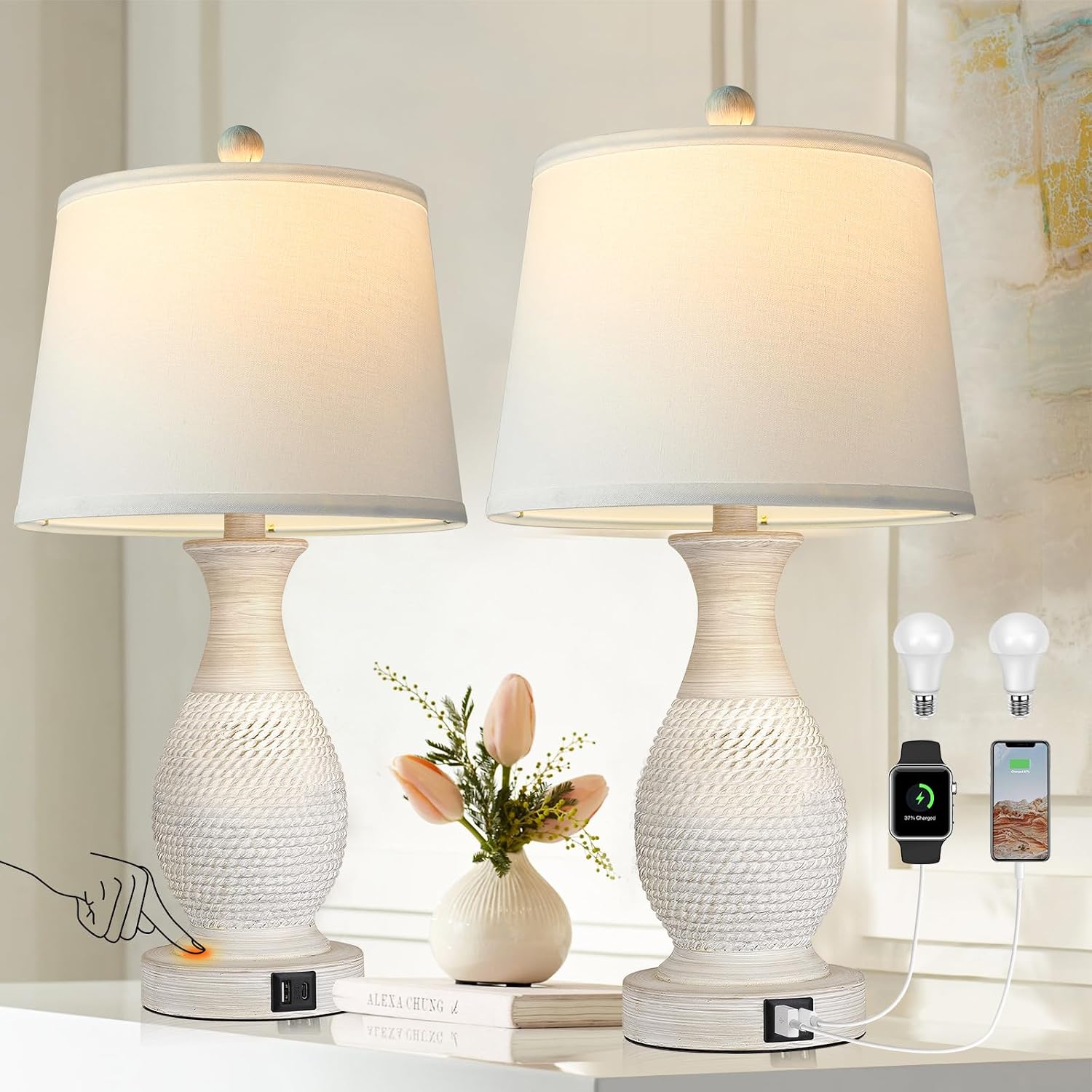 PARTPHONER Table Lamps Set of 2, Bedside Touch Lamp with USB C+A Charging Ports, Side Table Lamp with White Fabric Shade (LED Bulbs…