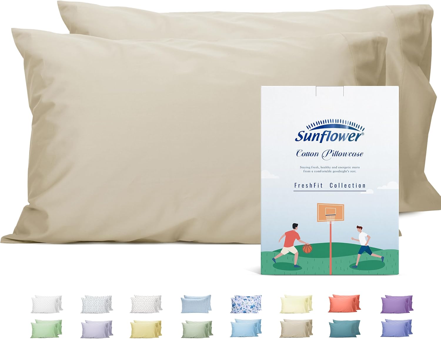 Sunflower Queen Pillowcases Set of 2, 100% Cotton Queen Size Pillow Cases 2, 20×30 inches Light Brown, Soft and Breathable