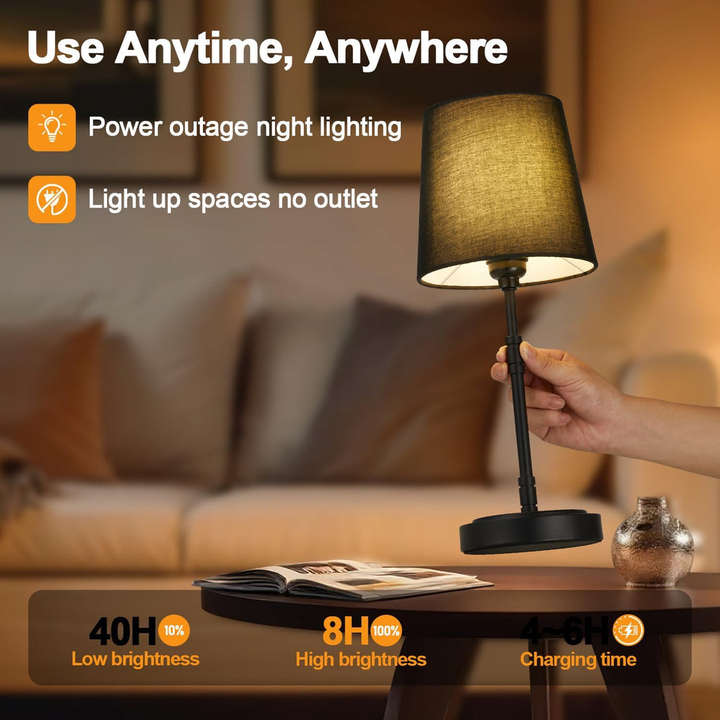 Cordless Table Lamps Set of 2 – Battery Operated Lamp with 7500mAh Rechargeable Battery, Stepless Dimmable Black Lamps with Black Shade…