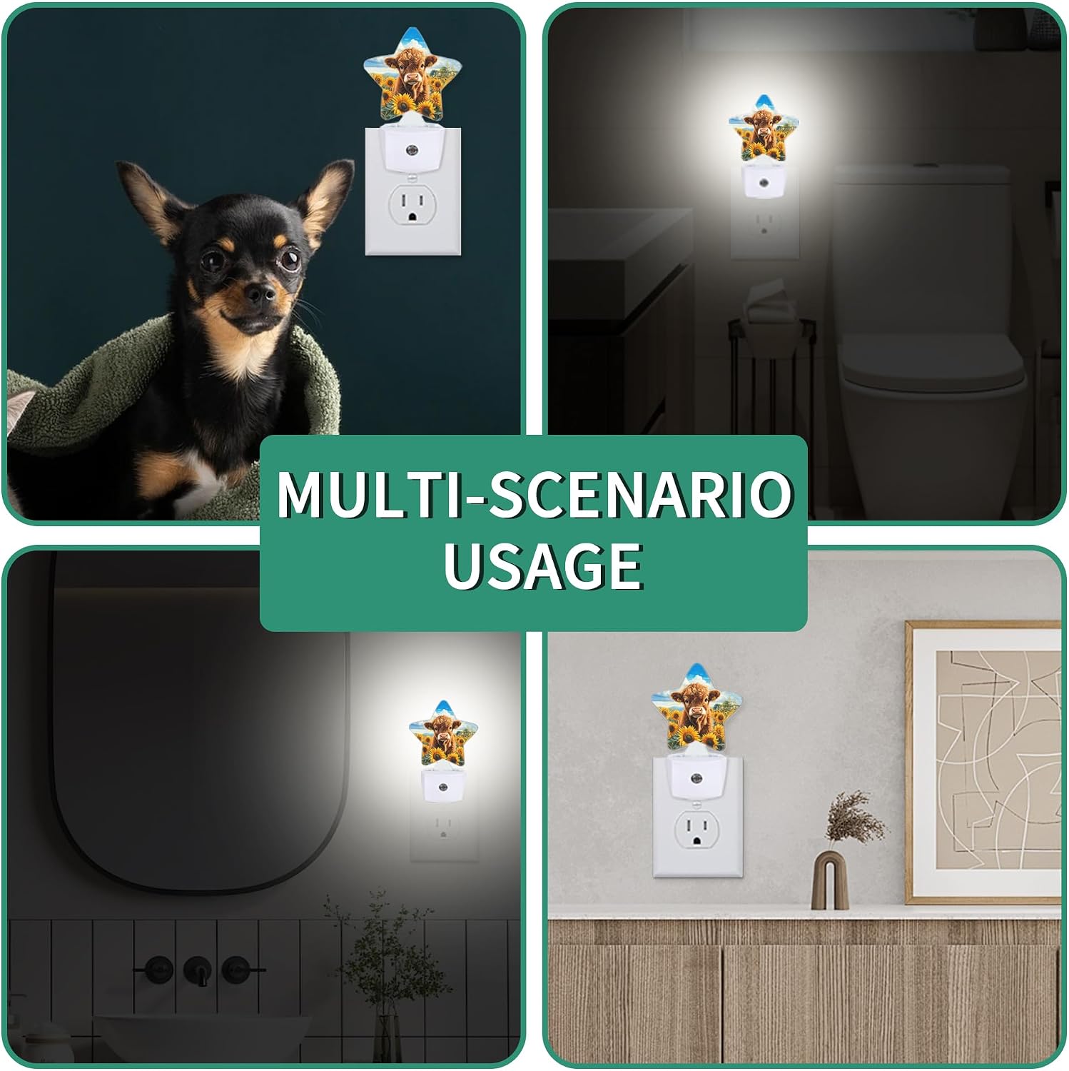 Highland Cow Star Night Light Plug in, Decorative Night Light for Kids Room Nursery Bedroom, Soft Glow Sensor Lamp for Hallway Bathroom…