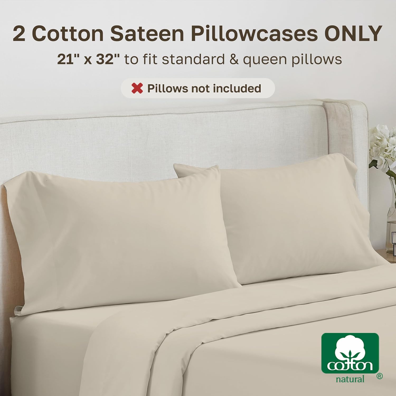 California Design Den Standard/Queen Pillow Cases Set of 2-500 Thread Count Sateen, Natural 100% Cotton Pillowcases, Soft, Silky and…