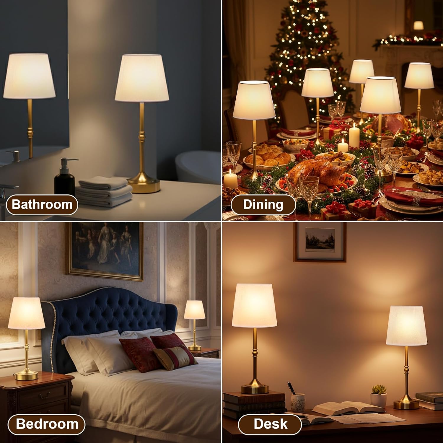 Rechargeable Cordless Table Lamp, 5000mAh Battery Operated Lamp, Wireless 3-Level Dimmable Touch Lamp, Portable Night Bedside Brass Lamp…