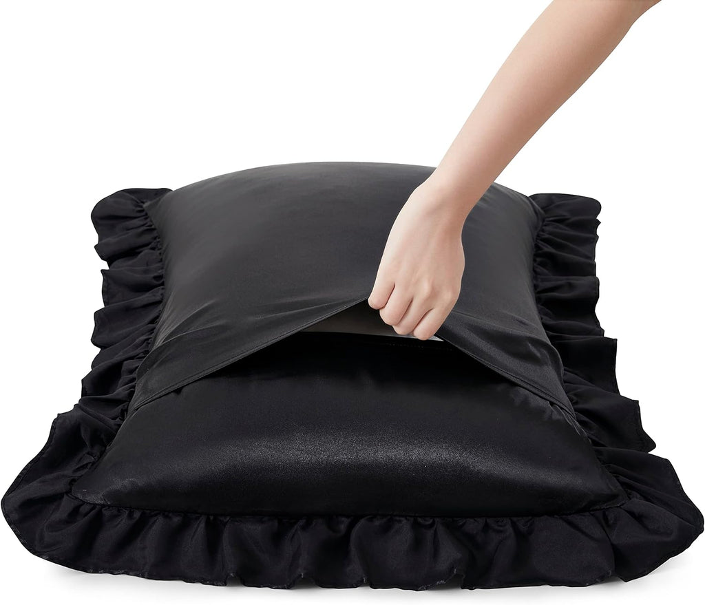 HommxJF Black Satin Ruffled Pillow Cases for Hair and Skin, Black Silk Pillowcases Standard Set of 2 with Envelope Closure Princess Room Dec…