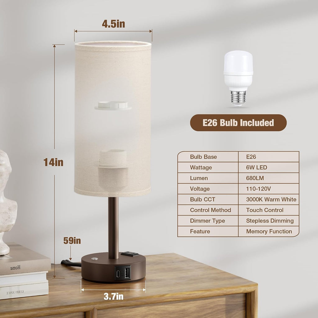 Aooshine Touch Bedside Table Lamp with Memory - Stepless Dimmable Lamp for Bedroom, Small Nightstand Lamp with Dual USB Charging Ports and…