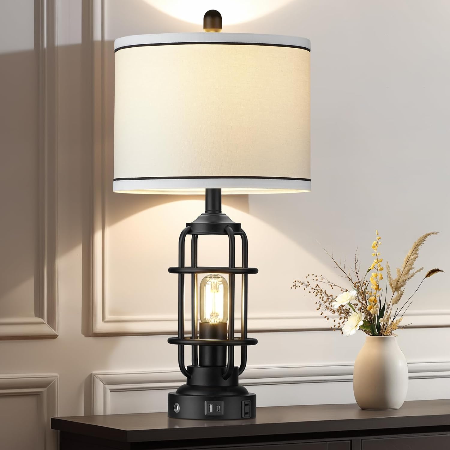 26" Modern Lamp for Living Room, Industrial 3-Way Dimmable Beside Table Lamp with USB A+C Charging Ports & AC Outlet, Touch Control…