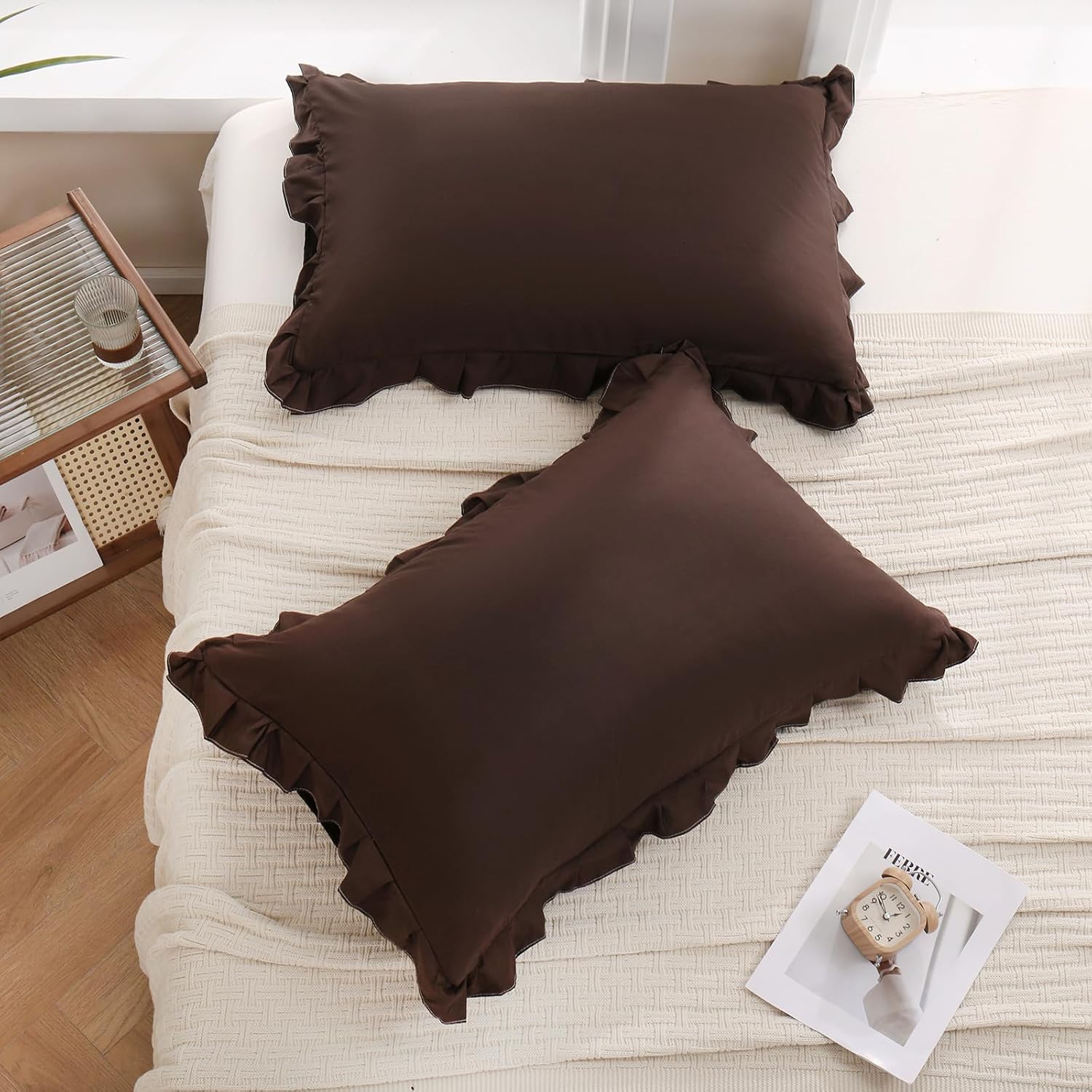 Merryword Dark Brown Pillow Shams Chocolate Queen Pillowcases Cute Pillow Cover Set of 2 Soft Shabby Chic Ruffled Pillowcases 2 Pack (Queen…